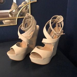 Nude Leather Platform Ankle Strap Wedges